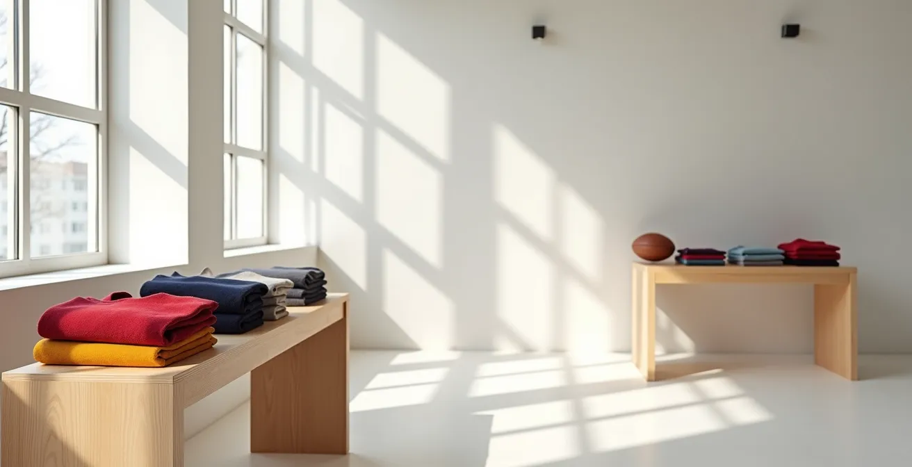 Intérieur épuré d'une boutique spécialisée rugby avec présentation minimaliste