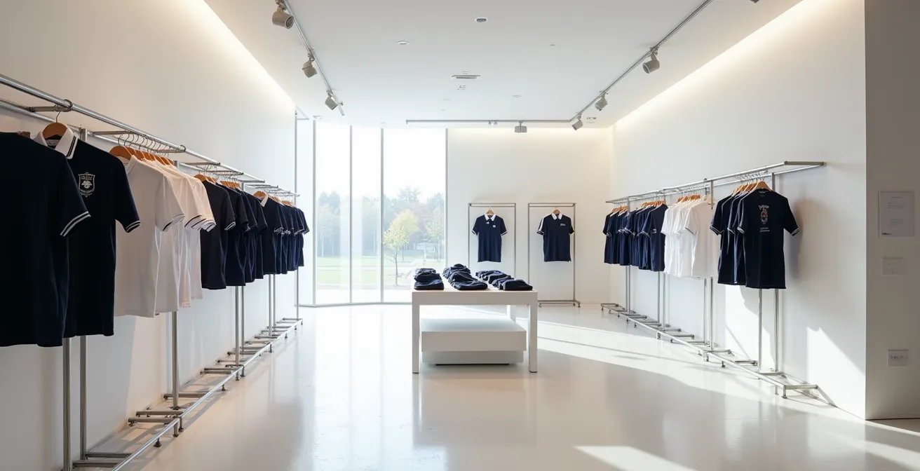 Vue intérieure d'une boutique officielle de club de rugby avec polos exclusifs