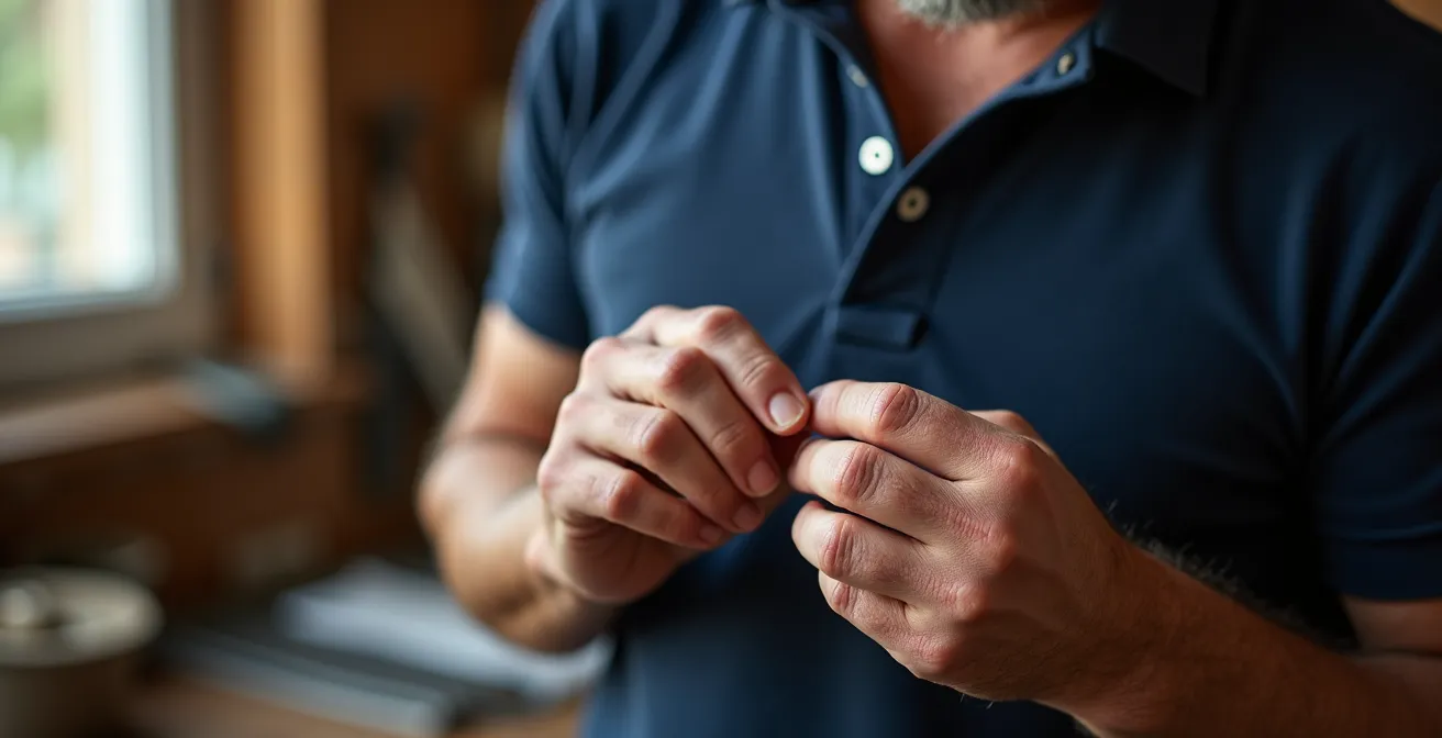 Main d'expert examinant la qualité du col d'un polo rugby