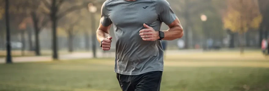 Sportif en tenue technique running dans un parc urbain français au petit matin