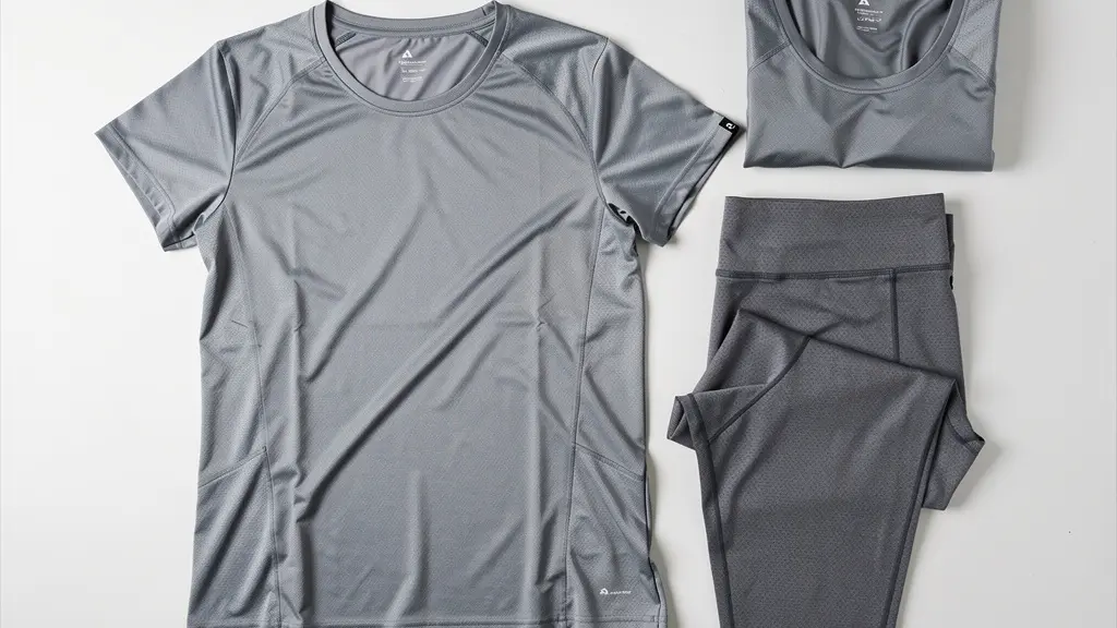 Vêtements techniques sport polyester et legging fitness disposés à plat pour comparaison